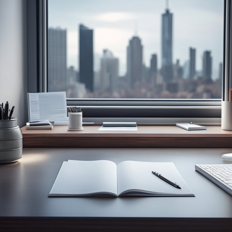 A minimalist illustration featuring a sleek, modern desk with a polished wood surface, a silver pen lying across a crisp, white contract, surrounded by neatly organized files and a subtle cityscape in the background.