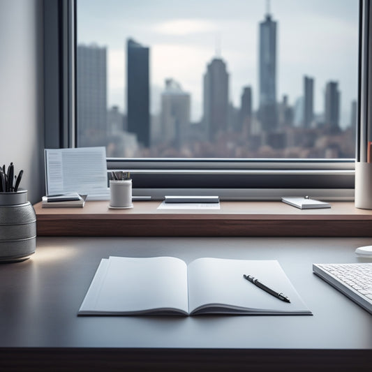 A minimalist illustration featuring a sleek, modern desk with a polished wood surface, a silver pen lying across a crisp, white contract, surrounded by neatly organized files and a subtle cityscape in the background.