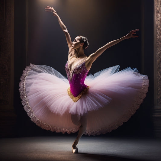 A graceful ballet dancer in a vibrant, shimmering leotard, surrounded by a soft spotlight against a darkened stage, showcasing intricate lace detailing and a flowing tutu, embodying elegance and poise.