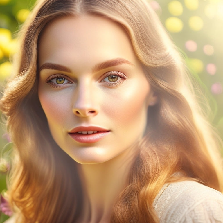 A serene, soft-focus portrait of a woman with flawless, natural-looking makeup, illuminated by warm, golden light, surrounded by lush greenery and delicate, blooming flowers.