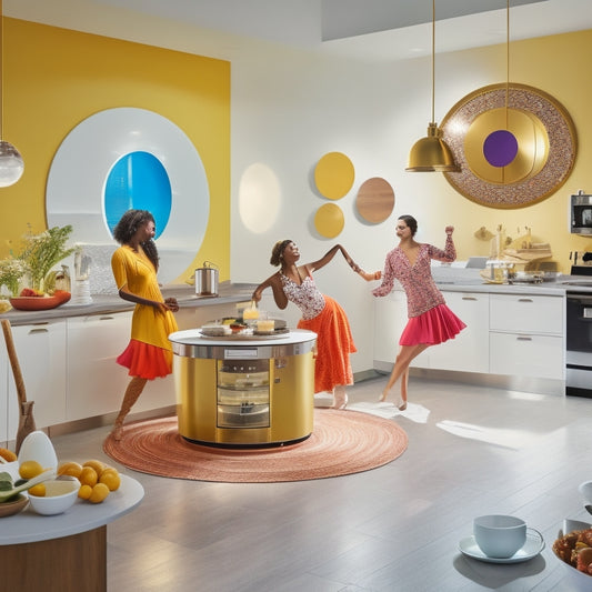 A vibrant kitchen scene featuring a large, circular dance-inspired wall art above a sleek, white countertop, surrounded by dancing utensils and appliances in motion, amidst a backdrop of warm, golden lighting.