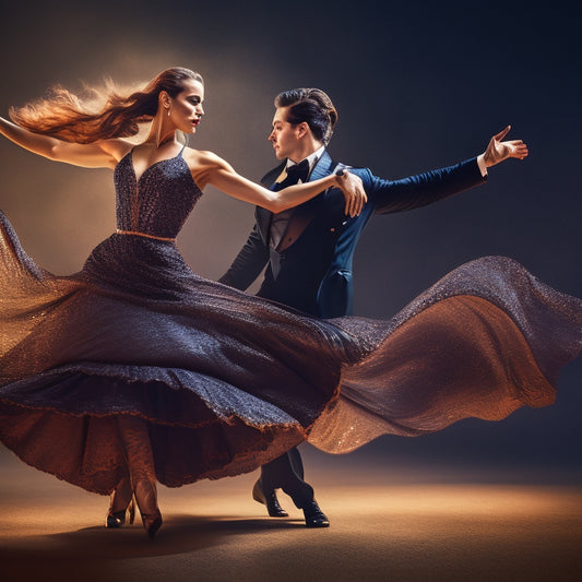 A dramatic, high-contrast image featuring a poised ballroom dance couple in mid-motion, surrounded by swirling, abstract shapes and lines that evoke dynamic movement and energy.