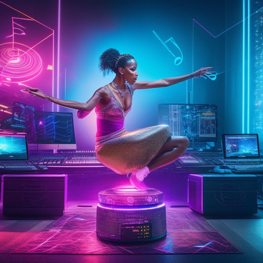 A vibrant illustration of a dancer in a virtual studio, surrounded by glowing laptops, smartphones, and tablets, with musical notes and dance floors morphing into upward-trending graphs and charts.