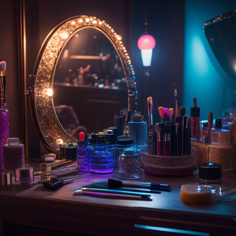 A cluttered, dimly lit makeup station with a mirrored vanity, surrounded by an array of brushes, sponges, and colorful makeup palettes, with a spotlight shining down on a half-done dancer's face.