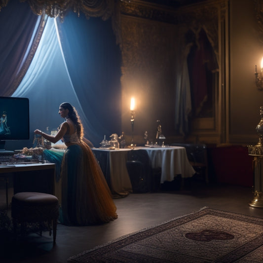 A serene, dimly lit dance studio with a single, ornate mirror, and a few scattered scarves; a laptop open on a nearby table, with a belly dancer in the background, stretching gracefully.