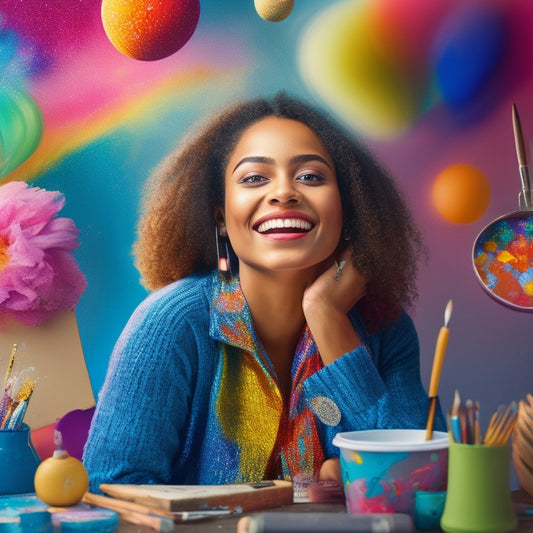 A whimsical illustration featuring a young artist surrounded by floating canvases, paintbrushes, and vibrant colors, with a subtle sparkle emanating from their creative tools and a confident smile on their face.