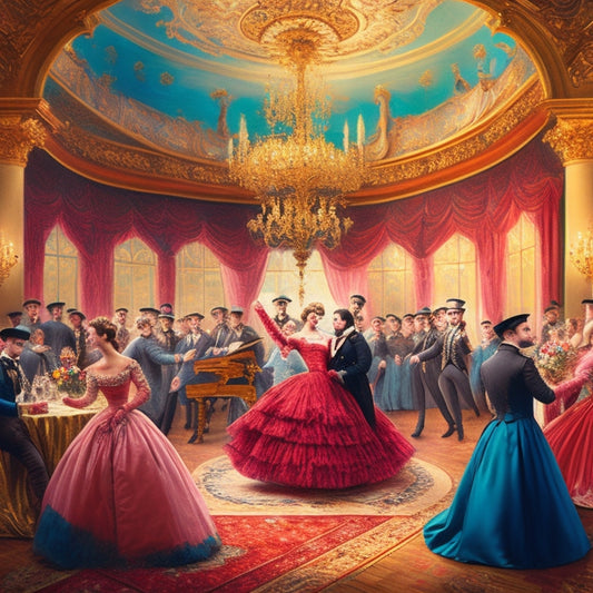 A whimsical illustration of a lively dance party set in a 19th-century French ballroom, with a grand piano at its center, surrounded by swaying couples and swirling fabrics, evoking the elegant spirit of Saint-Saëns.