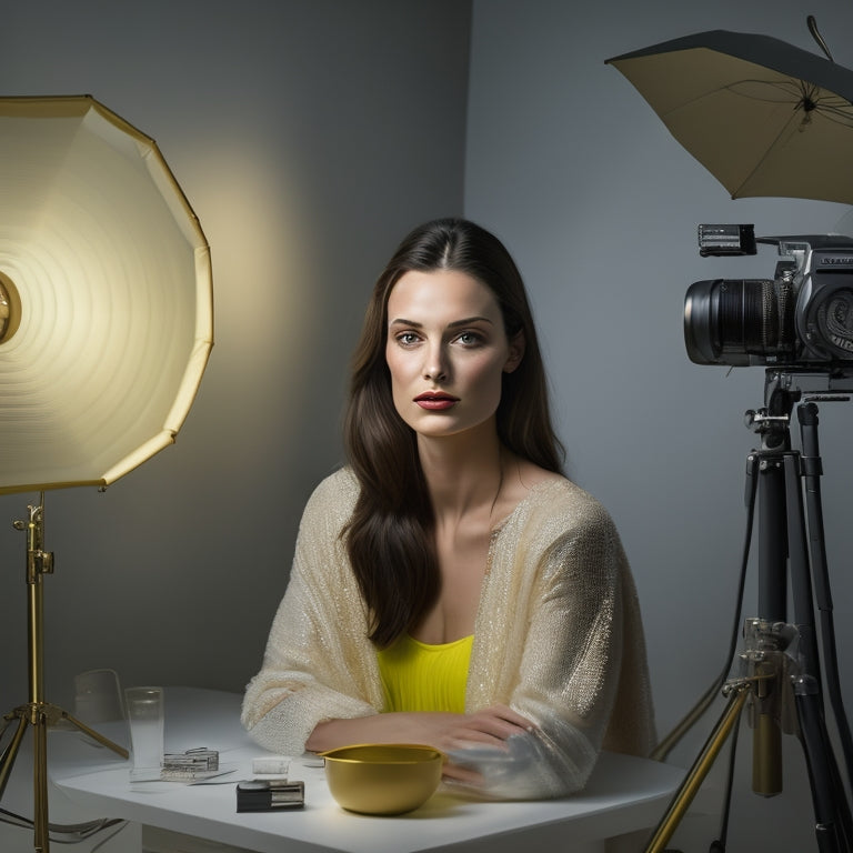 A serene studio setting with a softly glowing softbox, casting warm light on a model's face. Rich shadows define features, while a colorful backdrop adds depth. A camera and tripod are positioned nearby.