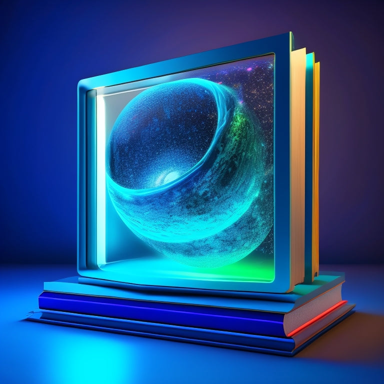 A futuristic digital bookshelf with 3D PDF files floating above it, surrounded by swirling blue and green digital particles, with one PDF transforming into a flipbook with interactive hotspots and animations.