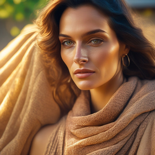 A warm, sun-kissed woman with a loose, effortless hairstyle and natural makeup, wrapped in a flowy, reversible mesh triangle shawl, posing against a distressed, earthy-toned wooden backdrop.