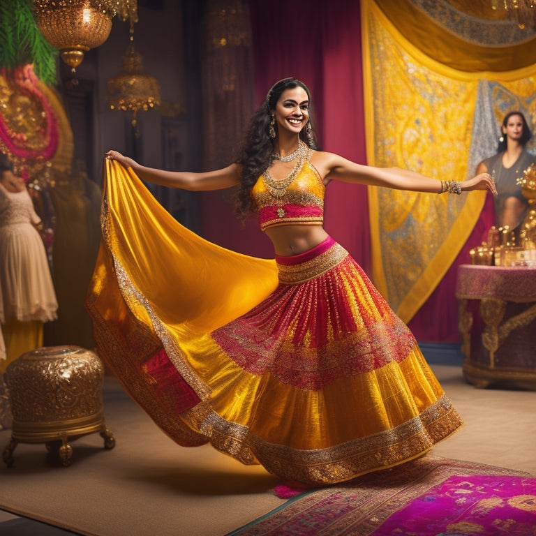 A warm, golden-lit dance studio with a beautiful, smiling woman in a flowing skirt, posing in a powerful stance, surrounded by colorful fabrics and exotic props, with subtle Middle Eastern patterns in the background.