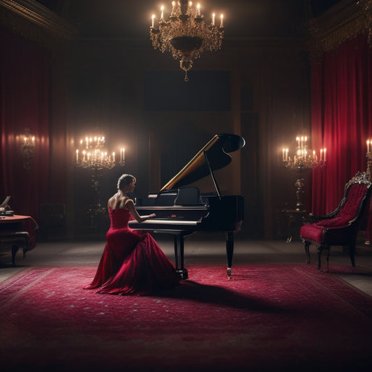 A dramatic, moonlit ballroom scene: a lone, elegant dancer in a flowing red gown, surrounded by empty chairs, with a grand piano and a few scattered sheets of music in the shadows.