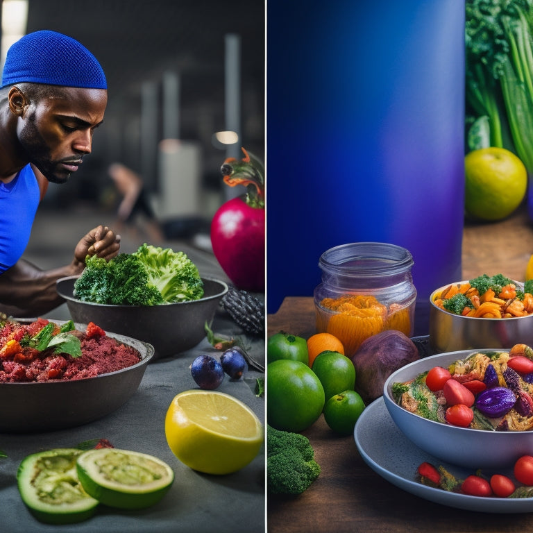 A split-screen image featuring a fit athlete in the midst of intense training on one side, and a vibrant, balanced meal with lean proteins, whole grains, and colorful vegetables on the other.