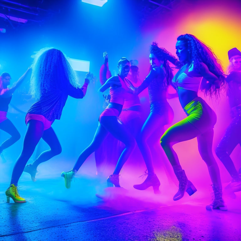 Vibrant dancers in bold, neon-colored outfits spin, kick, and shimmy in a dimly lit, graffiti-covered Baltimore club, surrounded by flashing strobe lights and pulsating fog machines.
