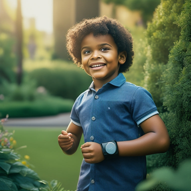 A vibrant, outdoor scene featuring a smiling child wearing a Tobi Robot Smartwatch, surrounded by lush greenery, with a subtle, blurred-out cityscape in the background, conveying freedom and exploration.