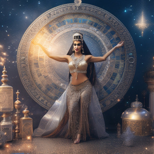 A whimsical illustration featuring a belly dancer surrounded by floating calendars, clockwork gears, and sparkling stars, with a subtle Middle Eastern-inspired patterned background.