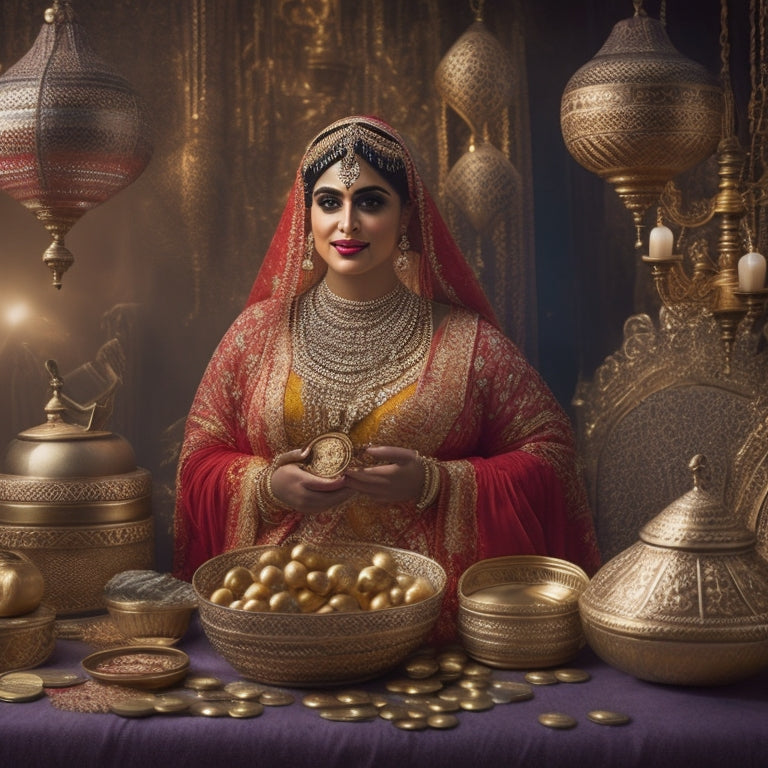 A warm, golden-lit background adorned with intricate Middle Eastern patterns, featuring a few belly dance-inspired props such as veils, coins, and a tambourine, surrounding a stack of ebooks.