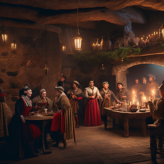 A whimsical illustration of a lively medieval tavern scene, with dancers in traditional attire, surrounded by lanterns, wooden tables, and a large stone fireplace, set against a warm, golden-lit atmosphere.