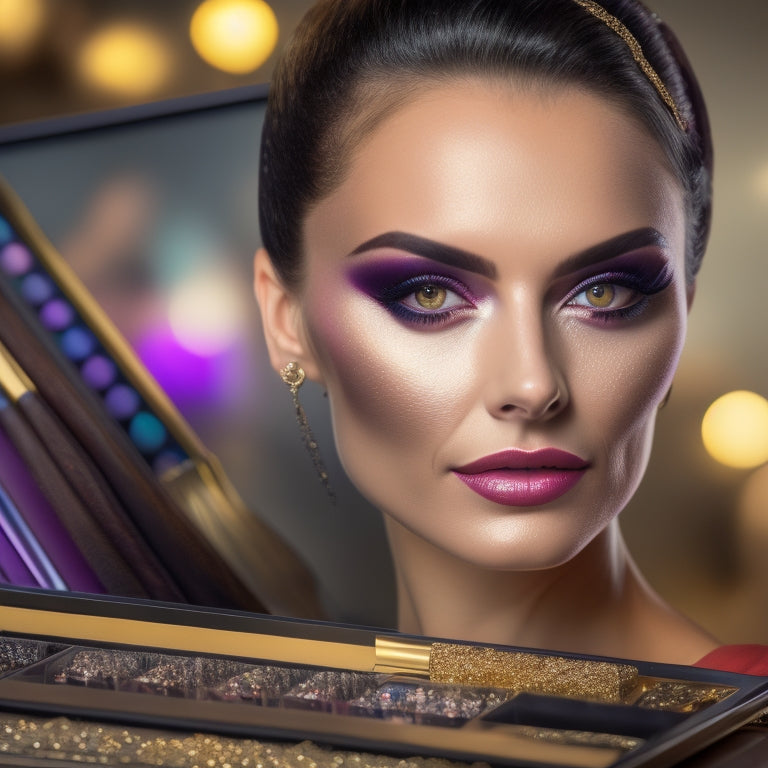 A glamorous, close-up portrait of a ballroom dancer's face, with flawless, shimmering makeup, surrounded by scattered makeup brushes, compacts, and a laptop with a paused online tutorial playing in the background.