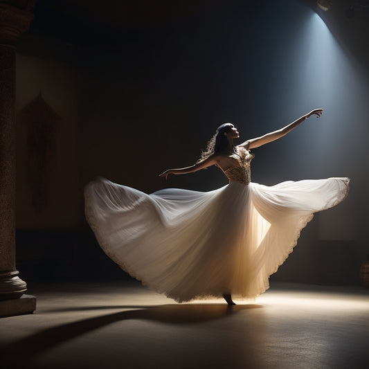 A serene, dimly lit studio with a lone dancer in a flowing, silky costume, surrounded by Middle Eastern-inspired props, executing a graceful, slow-motion arabesque, with subtle, shimmering fabric highlights.