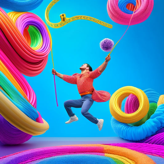 A vibrant, whimsical illustration of a person dancing with a giant floss strand as a jump rope, surrounded by swirling patterns of colorful toothbrushes and dental floss reels.