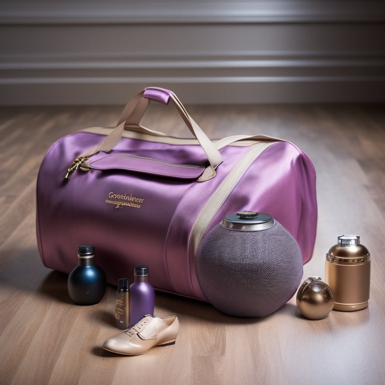 A stylish, open ballroom dance bag displaying neatly organized essentials: satin dance shoes, a water bottle, a towel, a practice skirt, and a portable speaker, all set against a polished wooden dance studio floor.