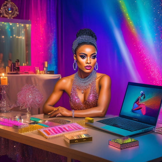 A glamorous, spotlit dancer in a studio, surrounded by mirrors and makeup stations, with a laptop and certification diplomas on a nearby table, amidst a colorful, glittering backdrop.