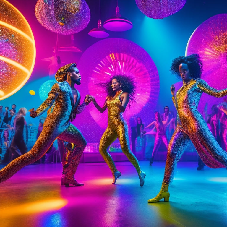 A vibrant, neon-lit dance floor scene: disco balls refract colorful lights, surrounded by funky, pose-striking dancers in shimmering jumpsuits, amidst a backdrop of swirling, psychedelic patterns and abstract art pieces.