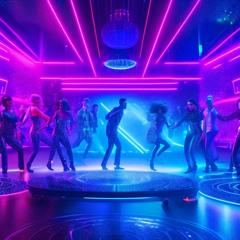 A futuristic, neon-lit virtual dance floor with avatars dancing in the background, surrounded by floating icons of headphones, laptops, and Wi-Fi symbols, with a giant disco ball in the center.