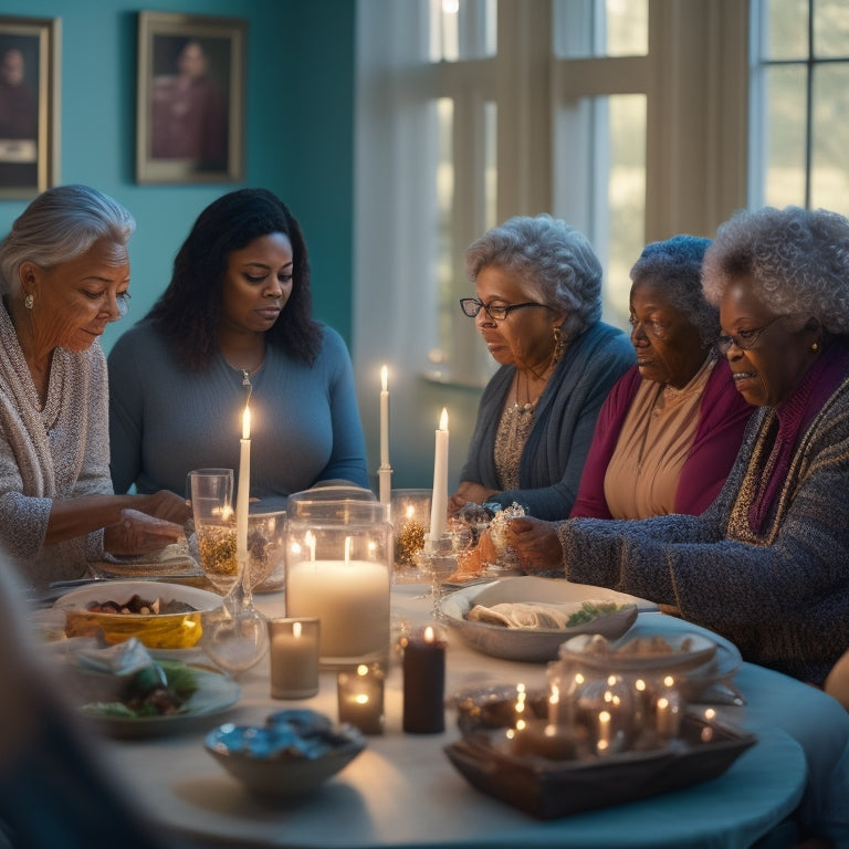 A serene, dimly lit room filled with people of diverse ages, abilities, and ethnicities, surrounded by calming colors, soft lighting, and gentle water ripples, evoking a sense of relaxation and inclusivity.