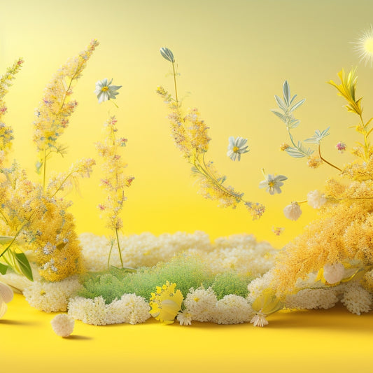 A whimsical illustration featuring a dancing sprig of thyme, surrounded by swirling ribbons and flowers, set against a soft, sunny yellow background with subtle digital glitch effects.