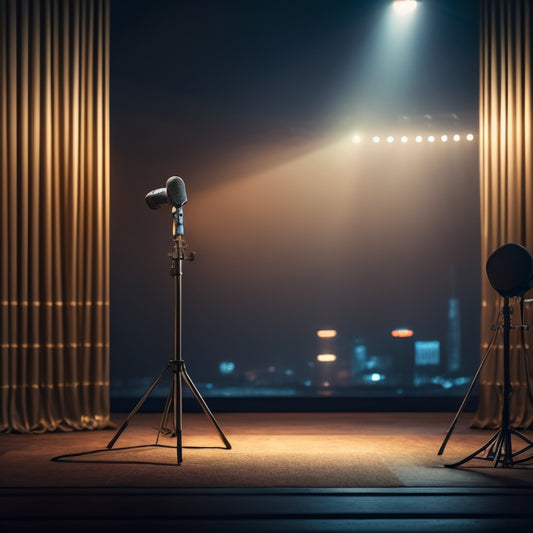 A spotlight shining brightly on a microphone standing on a sleek, dark stage, surrounded by empty chairs, with a cityscape or curtains blurred in the background, conveying excitement and anticipation.