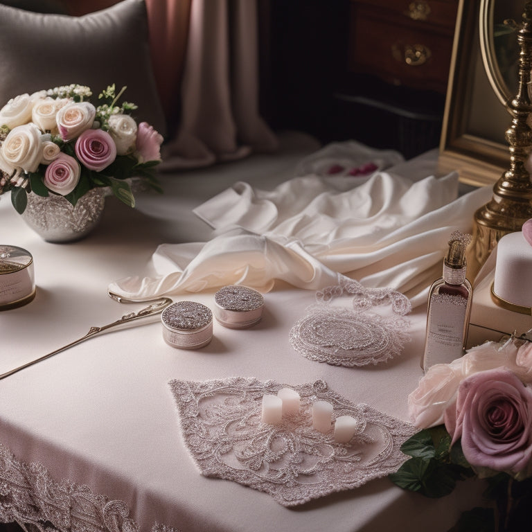 A serene, well-lit bridal suite with a elegant, lace-detailed wedding gown hanging on a velvet-covered dress form, surrounded by scattered beauty products and a few scattered rose petals.