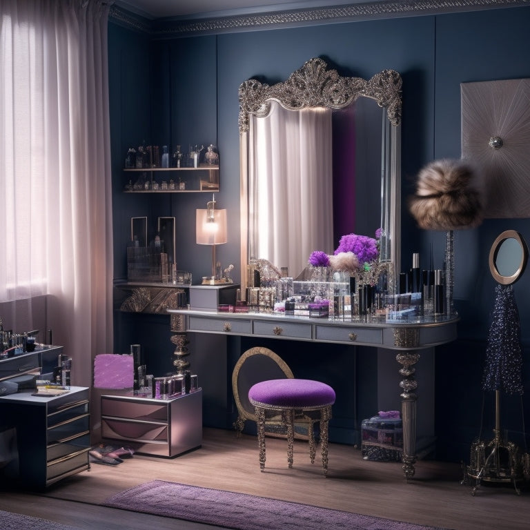 A clutter-free, well-organized makeup station with a dance-inspired background, featuring a mirror, brushes, and products neatly arranged, with a few dance shoes and costume pieces scattered around, symbolizing a busy dance makeup artist.