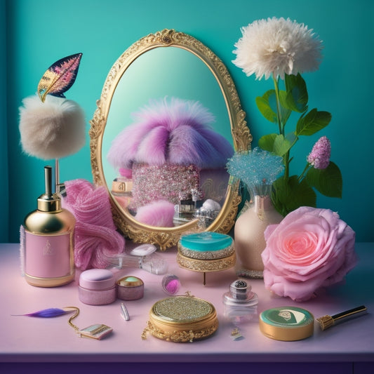 A whimsical, dreamy illustration of a dancer's vanity, adorned with makeup, wigs, and flowers, surrounded by inspirational objects like music notes, feathers, and glittering jewels, set against a soft, pastel-colored background.