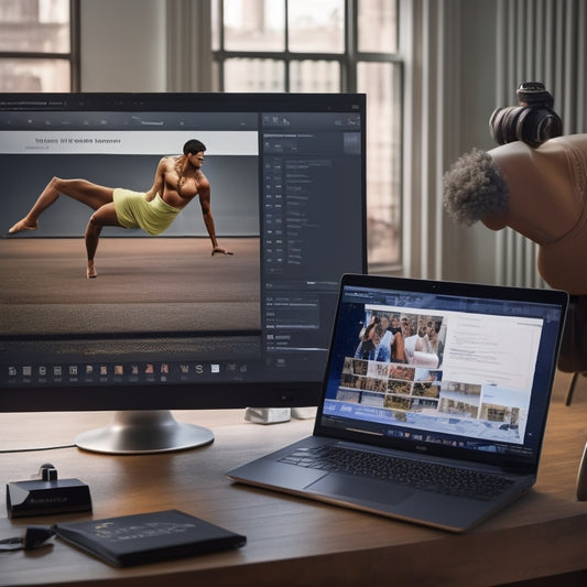 A laptop screen displays a dance class, with a dancer in a studio background, while a clock and calendar are subtly blended into the surrounding environment, and a headset lies nearby.