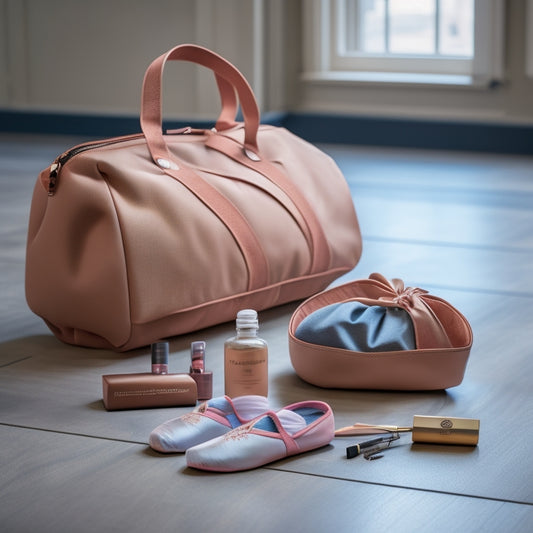 A ballet bag open on a wooden floor, with a neatly arranged interior: pointe shoes, ballet slippers, leg warmers, a water bottle, and a small makeup bag, surrounded by a few loose bobby pins.