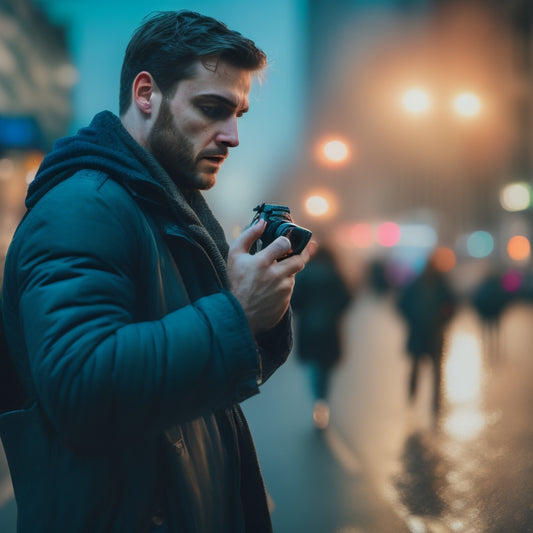 A blurred, frustrated photographer in a dimly lit UK cityscape at dusk, surrounded by shattered camera lenses and scattered photos, with a faint, glowing smartphone in the distance.