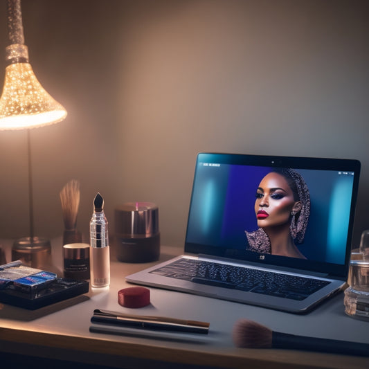 A spotlight shines on a dancer's face, makeup brushes and products scattered around, with a laptop or tablet in the background displaying a paused YouTube tutorial.