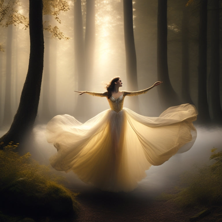 An ethereal, dreamlike scene: a dancer, shrouded in soft, golden light, levitates above a misty, moonlit forest, surrounded by delicate, swirling tendrils of mist, with arms outstretched, as if embracing the divine.