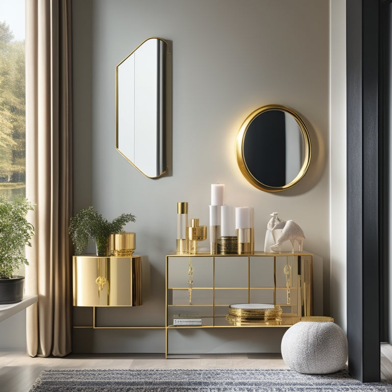 A chic, modern room featuring various wall-mounted mirrors in diverse shapes and sizes, reflecting natural light. Elegant frames in gold and black, surrounded by minimalist decor, create a refreshing and stylish ambiance.