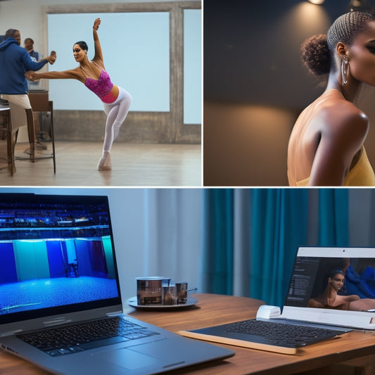 A split-screen image featuring a dancer in a home studio on one side, surrounded by mirrors and a laptop, and on the other side, a coach's video feed on the laptop screen, providing real-time feedback.