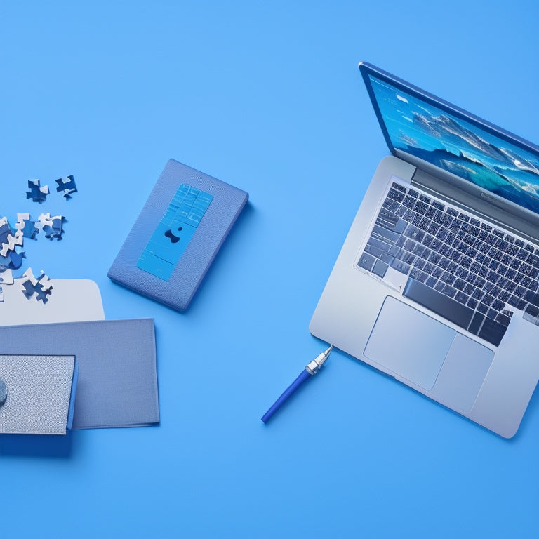 A minimalist illustration featuring a laptop surrounded by overlapping calendars, clocks, and puzzle pieces, set against a soft, gradient blue background, conveying organization and harmony.