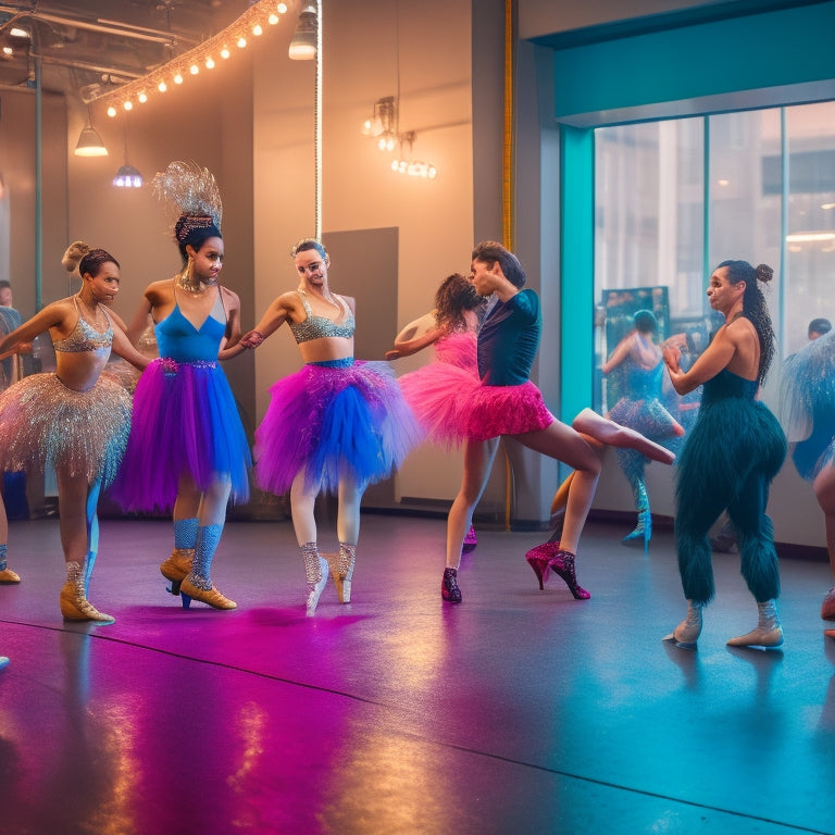 A cluttered dance studio with dancers in mismatched, overly baggy outfits, ill-fitted shoes, and distracting accessories. Showcase a mirror reflecting their awkward poses, emphasizing the contrast between stylish and uncoordinated dance fashion choices.