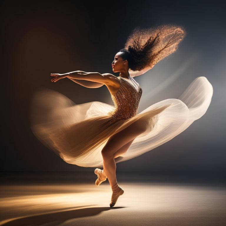 A blurred background with a sharp, dynamic dancer in mid-air, surrounded by swirling motion lines and subtle light trails, conveying energy and movement in a darkened studio setting.