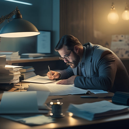 An illustration of a person sitting at a desk, surrounded by piles of bills and papers, with a laptop open in front of them, and a subtle glow of hope emanating from the screen.