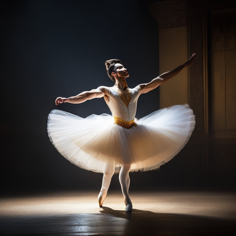 A serene, spotlight-lit male ballet dancer in a flowing white tutu, poised in a dramatic arabesque on a dark, wooden floor, surrounded by soft, velvety curtains and subtle, golden lighting.