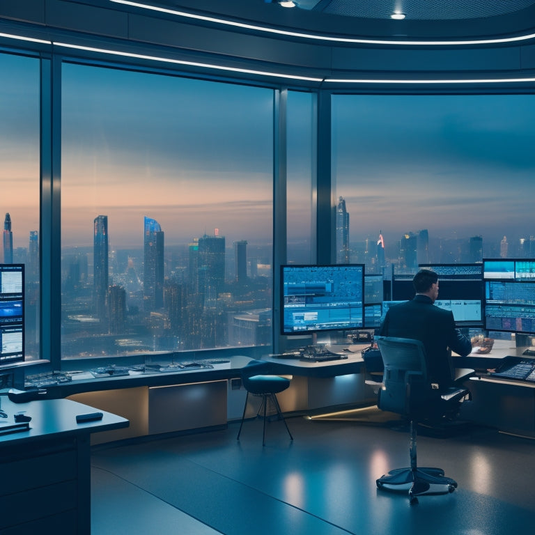 A futuristic, high-tech editing suite with sleek, silver workstations, glowing screens, and a cityscape at dusk visible through floor-to-ceiling windows, surrounded by film reels and cinematic equipment.