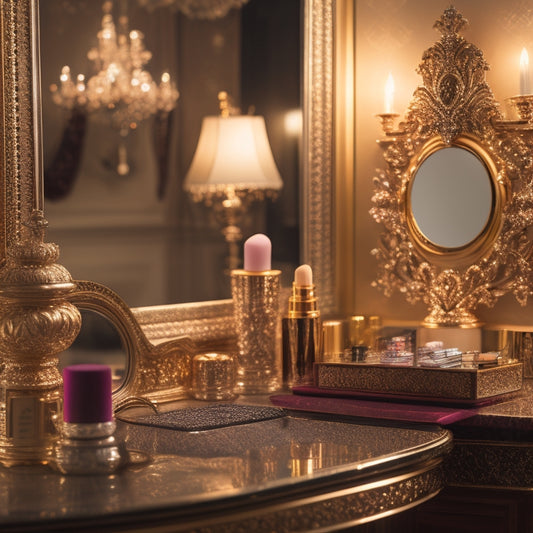 A beautifully lit, ornate vanity with an array of high-end makeup products and brushes, surrounded by glamorous mirrors and soft, golden lighting, evoking a sense of luxury and expertise.