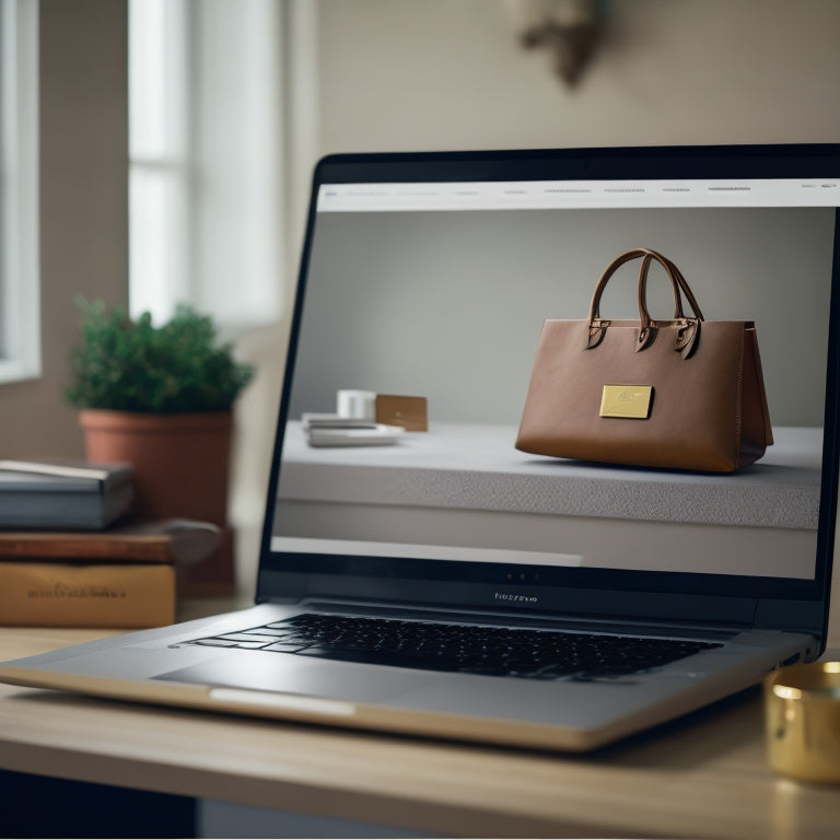 A modern, sleek laptop screen displaying a minimalist website design with a seamless checkout process, surrounded by faint shopping bags, credit cards, and packages in a blurred background.